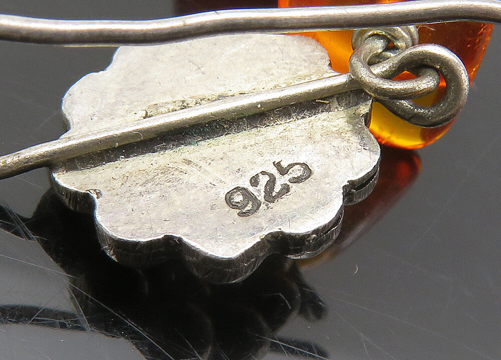 925 Sterling Silver  Vintage Amber Dark Tone Floral Dangle Earrings  EG10843