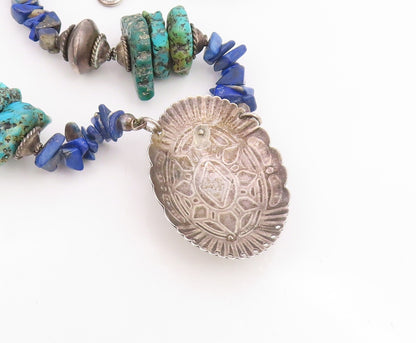 925 Sterling Silver Vintage Necklace SOUTHWESTERN Lapis Lazuli Bead Chain NE4786