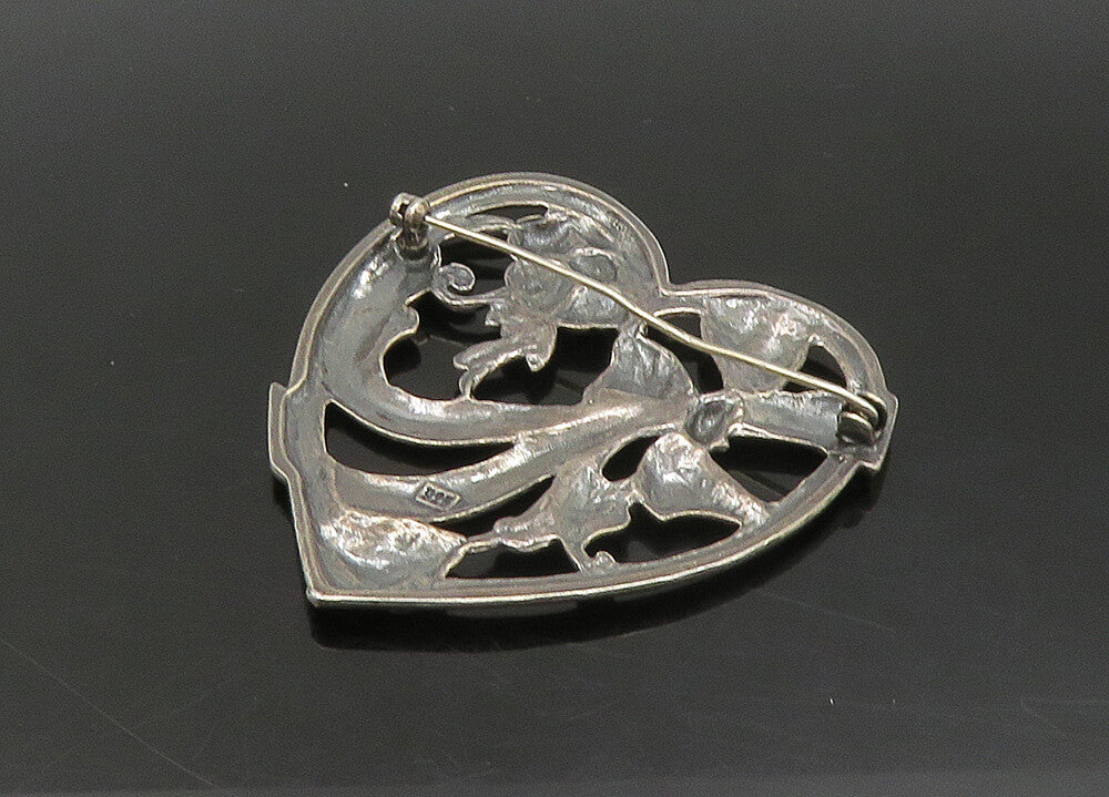 925 Sterling Silver  Vintage Bow Tied Ribbon Floral Heart Brooch Pin  BP8951