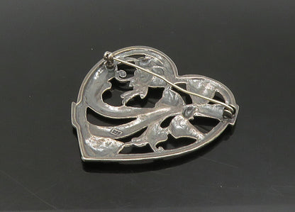 925 Sterling Silver  Vintage Bow Tied Ribbon Floral Heart Brooch Pin  BP8951