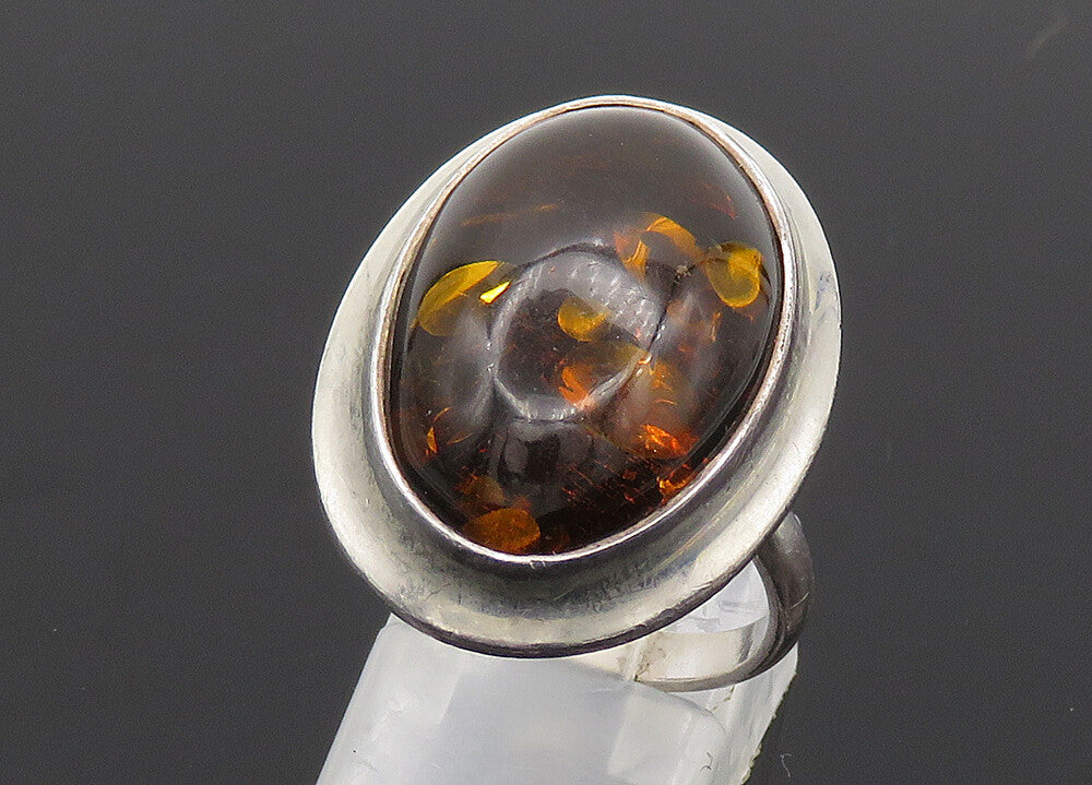 POLAND 925 Sterling Silver  Vintage Cabochon Cut Amber Band Ring Sz 9  RG20284