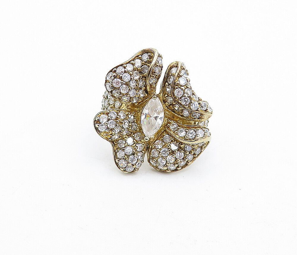 925 Sterling Silver  Vintage Cubic Zirconia Floral Cocktail Ring Sz 7  RG5185