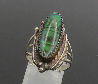 NAVAJO 925 Sterling Silver  Vintage Abalone Shell Feather Ring Sz 8  RG18568