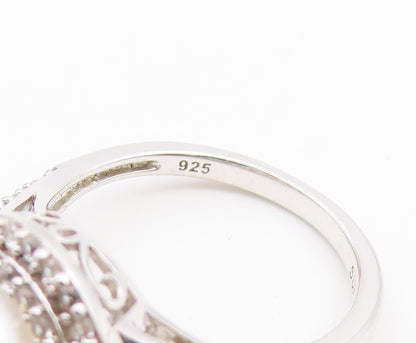 925 Sterling Silver Vintage Ring Pearl & Halo CZ Statement Band  Sz 7  RG36917