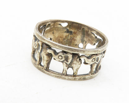 925 Sterling Silver  Vintage Dark Tone Elephants Open Band Ring Sz 6  RG12646