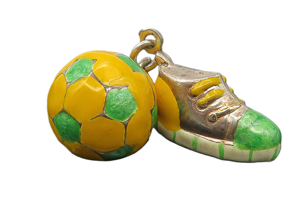 925 Sterling Silver  Vintage Enamel Soccer Ball & Cleat Sports Pendant  PT9350