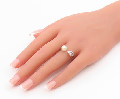 925 Sterling Silver Vintage Ring Elegant Pearl & CZ Floral Leaf  Sz 9  RG34244