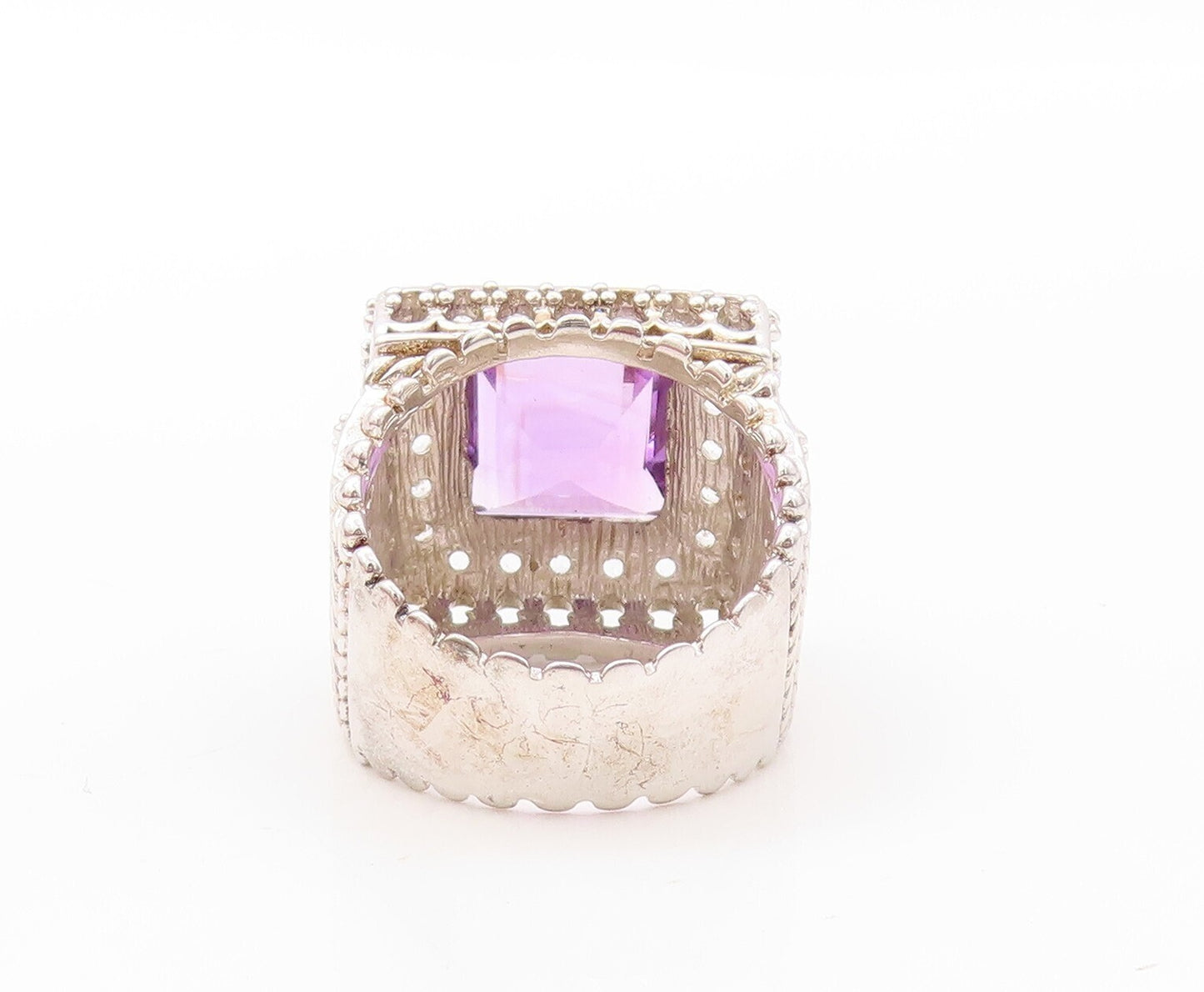 925 Sterling Silver Vintage Ring Swirly Carved Square Cut Amethyst Sz 7  RG30831