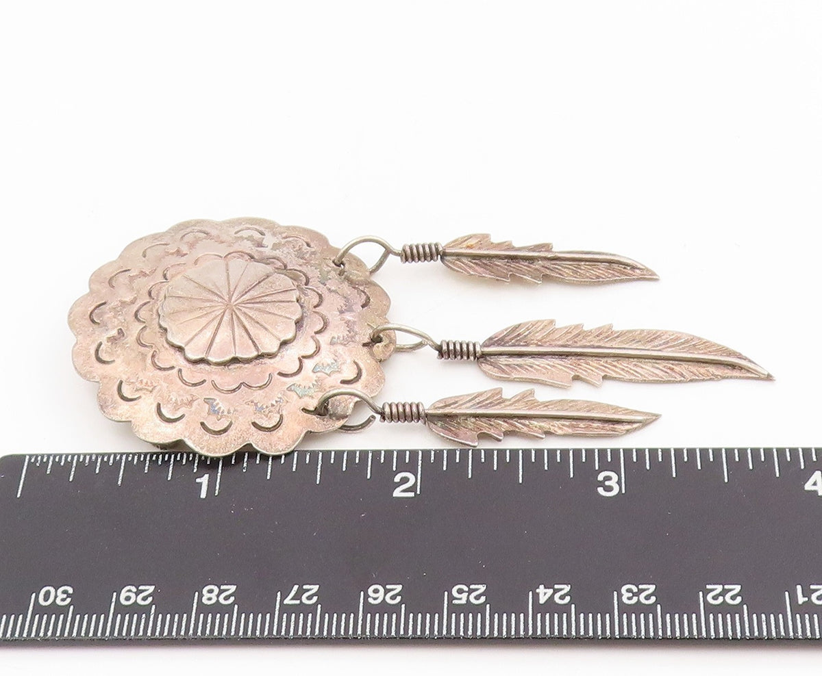 925 Sterling Silver Vintage Brooch Etched Concho Dangling Feather Pin  BP12116