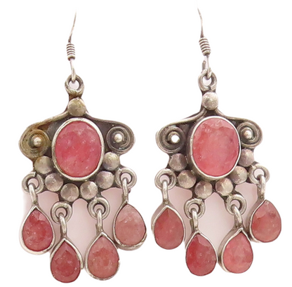 925 Sterling Silver Vintage Earrings Dark Tone Floral Carved Gemstone  EG13297