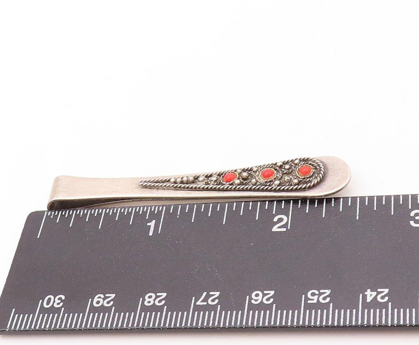 925 Sterling Silver Vintage Tie Clip ISRAEL Carved Red Gemstones TR3786