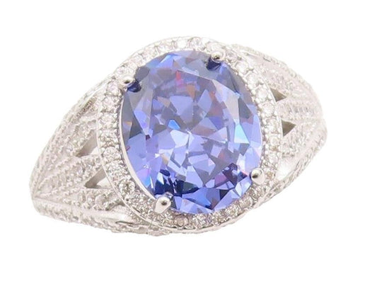 925 Sterling Silver Vintage Ring Carved Round Cut Blue & White CZ  Sz 7  RG29595