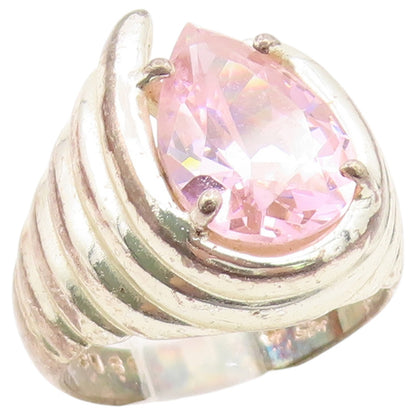 925 Sterling Silver Vintage Ring Pink Topaz Ribbed Statement Band Sz 7.5 RG36568