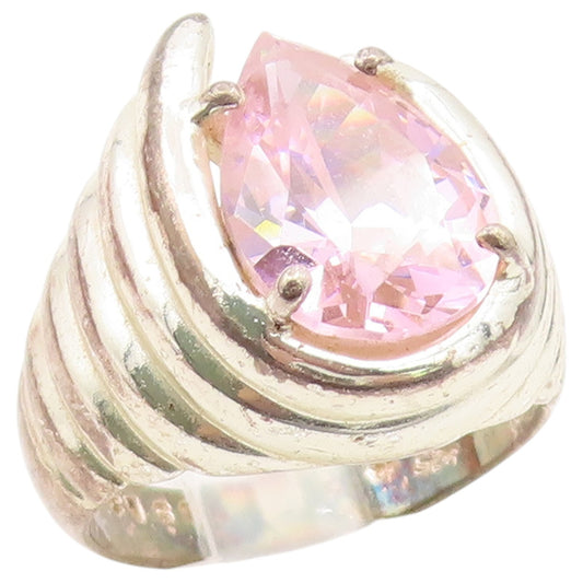 925 Sterling Silver Vintage Ring Pink Topaz Ribbed Statement Band Sz 7.5 RG36568