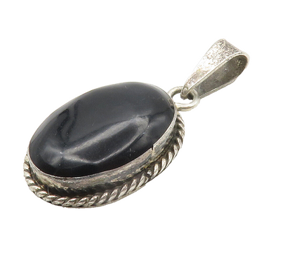 MEXICO 925 Sterling Silver  Vintage Cabochon Cut Black Onyx Pendant  PT11744
