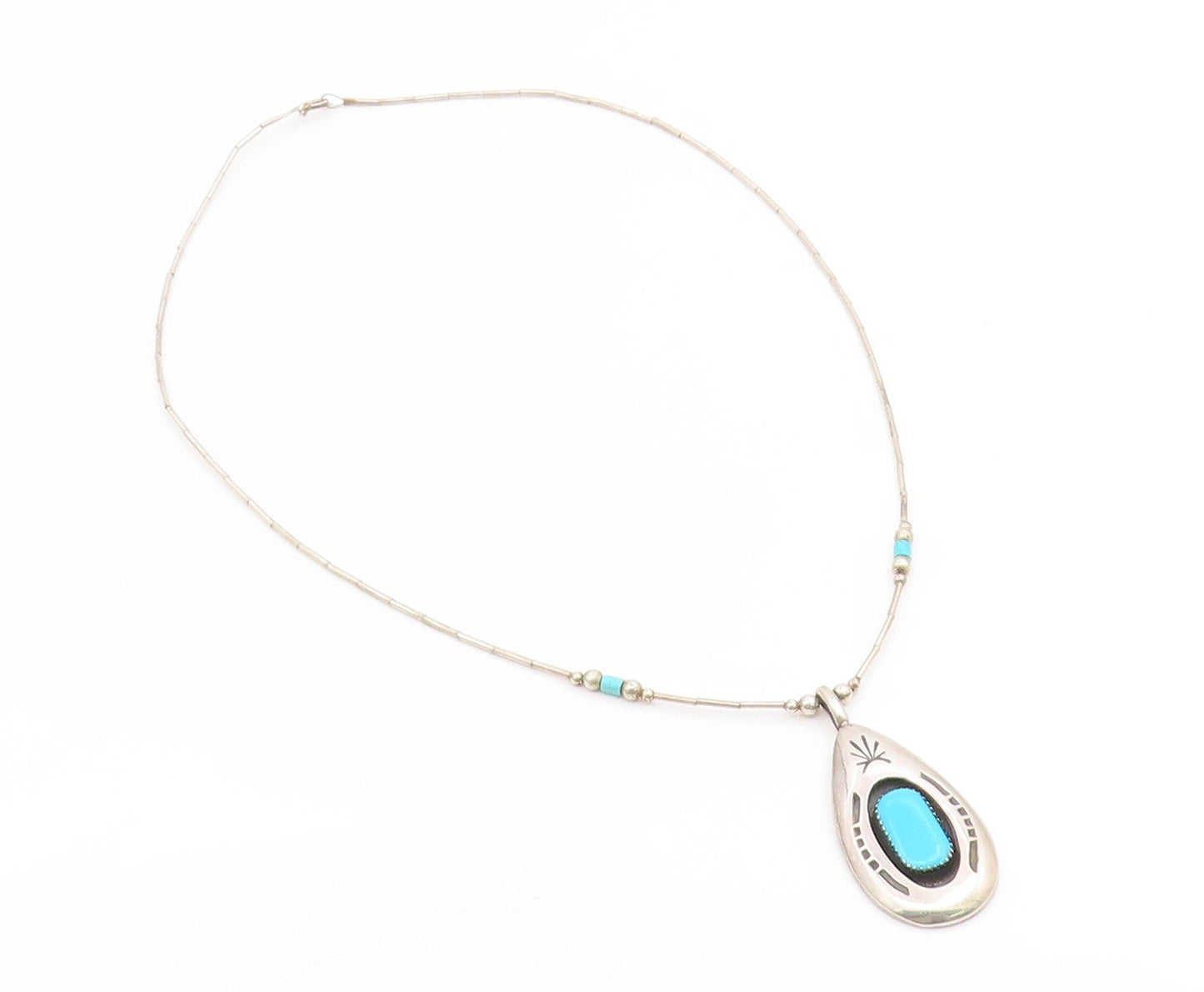 925 Sterling Silver Vintage Necklace NAVAJO ZUNI Turquoise Teardrop  NE4812