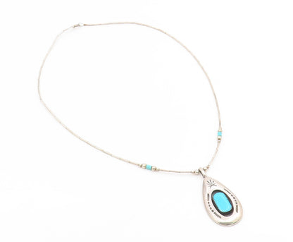 925 Sterling Silver Vintage Necklace NAVAJO ZUNI Turquoise Teardrop  NE4812
