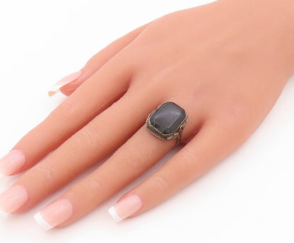 925 Sterling Silver Vintage Ring Antique Dark Tone Carved Onyx  Sz 6  RG31820