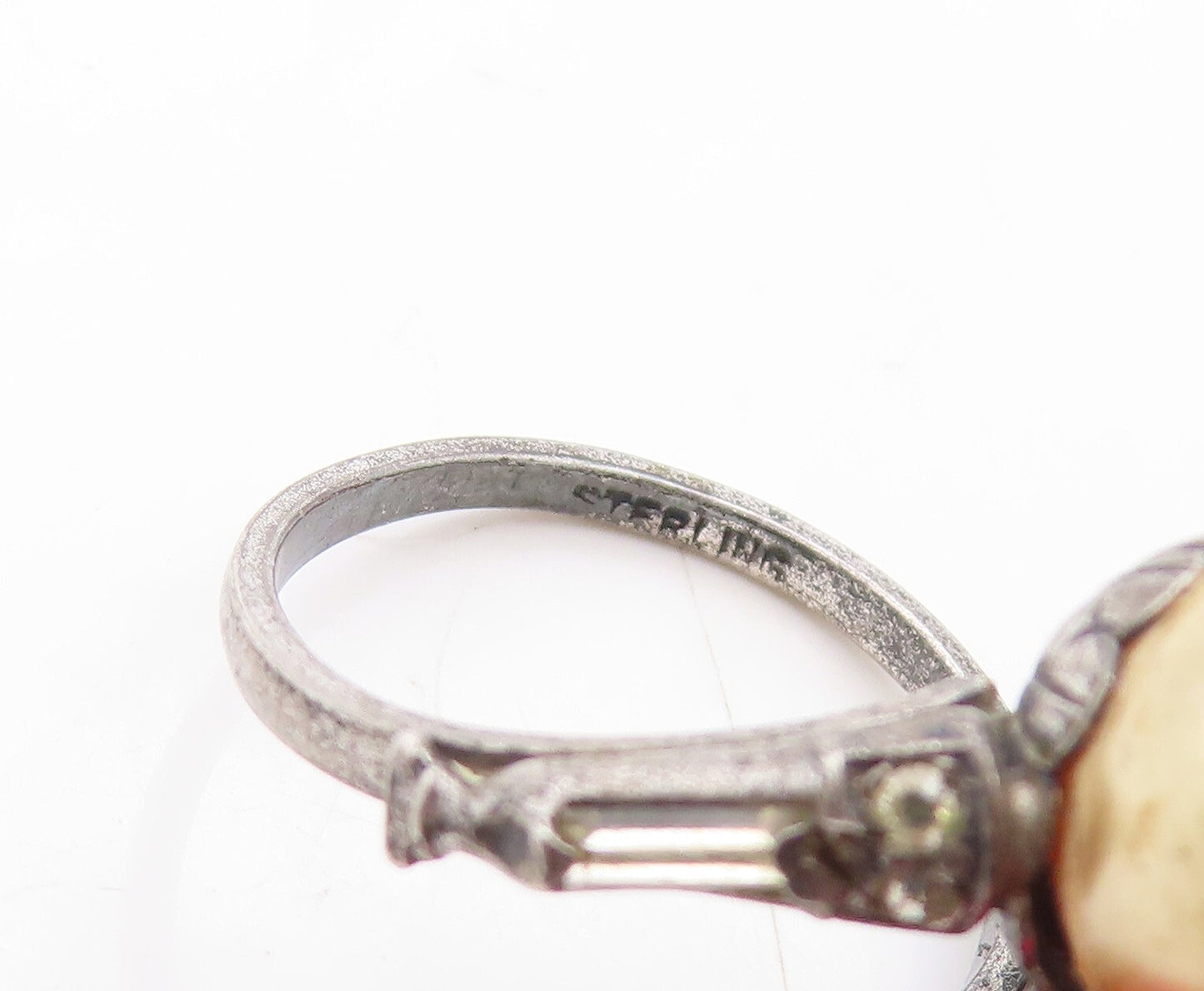 925 Sterling Silver Vintage Ring Designer Dark Tone Gemstone Pearl  Sz 5 RG31570