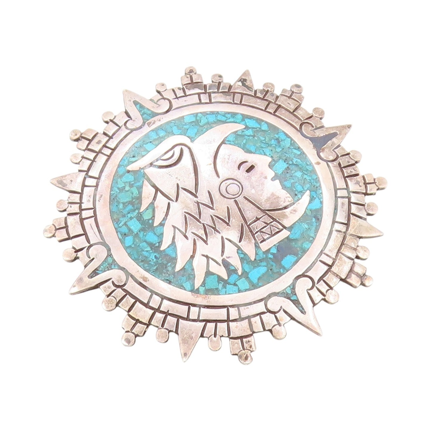 925 Sterling Silver Vintage Brooch MEXICO Crushed Turquoise Man Face  BP11540