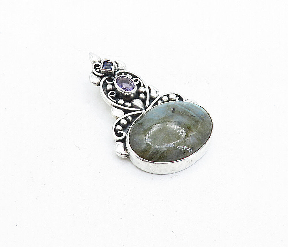 925 Sterling Silver  Vintage Labradorite Amethyst & Tanzanite Pendant  PT3964