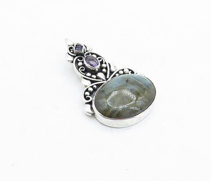 925 Sterling Silver  Vintage Labradorite Amethyst & Tanzanite Pendant  PT3964