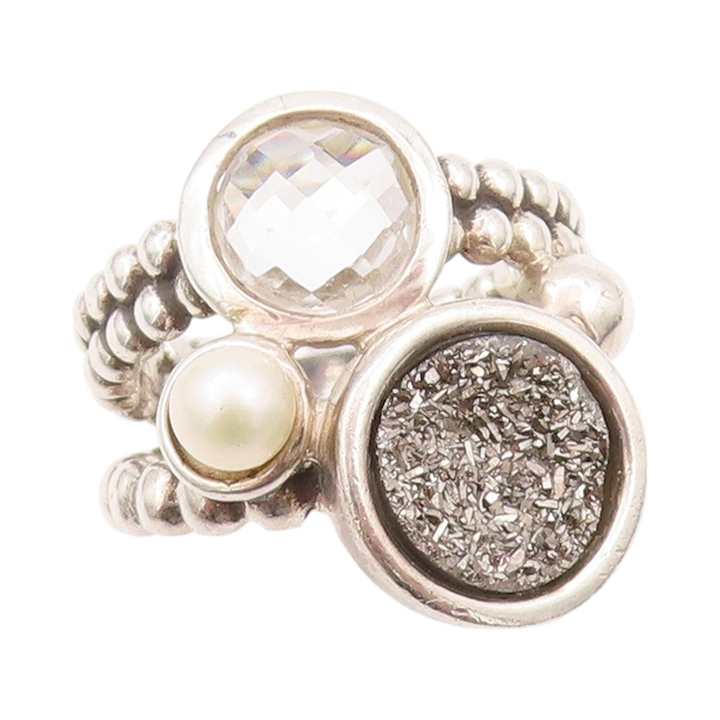 925 Sterling Silver Vintage Ring MICHAEL DAWKINS Drusy Quartz Pearl SZ 7 RG32191