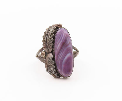 925 Sterling Silver Vintage Ring NAVAJO Wampum Shell & Leaves  SZ 5  RG32324