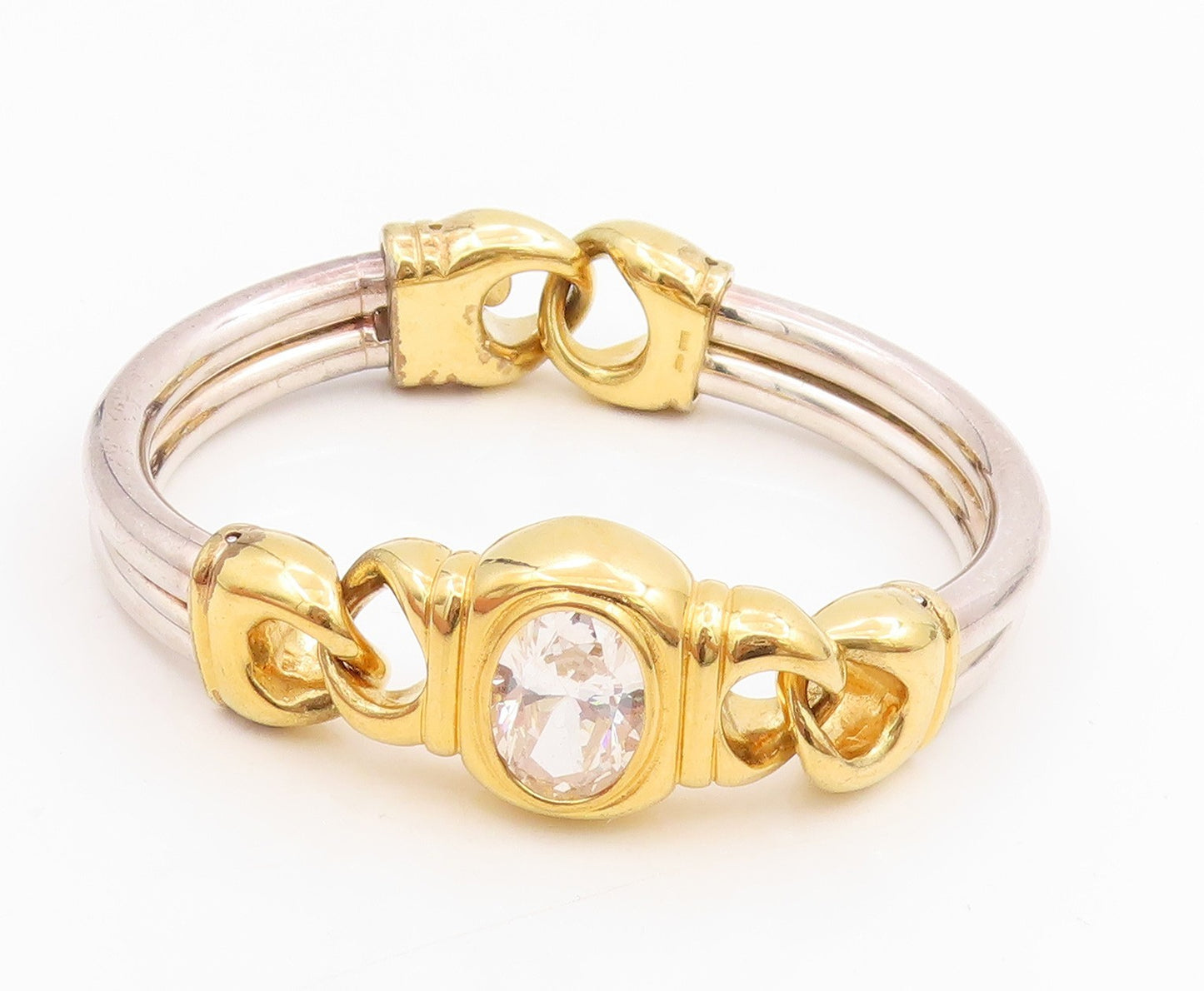 925 Sterling Silver Vintage Bracelet CZ Two Tone Interlocking Bangle BT11510