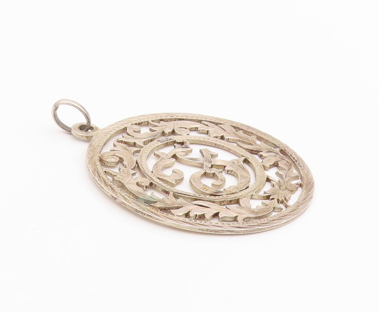 925 Sterling Silver Vintage Pendant Etched Openwork Floral Medallion  PT25665