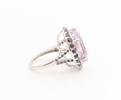 925 Sterling Silver Vintage Ring Rose Quartz Halo Sapphire Band  Sz 7.5  RG36161