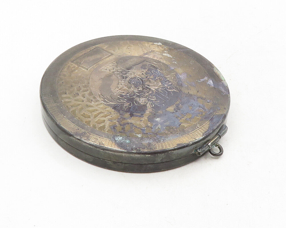INTERNATIONAL 925 Silver Vintage Antique Flower Basket Compact Mirror TR1799