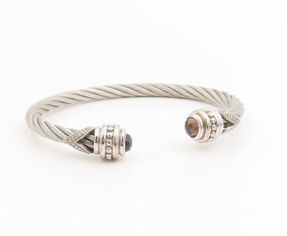 925 Sterling Silver Vintage Bracelet Real Diamonds & Smoky Quartz Cuff  BT11432