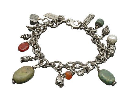 BARSE 925 Silver  Vintage Pearl Carnelian & Jasper Chain Bracelet  BT7972