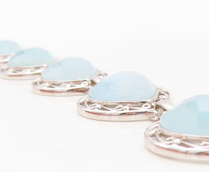 925 Sterling Silver Vintage Bracelet Heart Shape Aquamarine Swirly Cut  BT10710