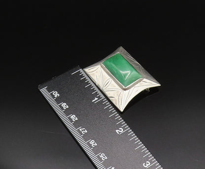 925 Silver  Vintage Rectangle Aventurine Etched Pyramid Dome Brooch Pin BP9771