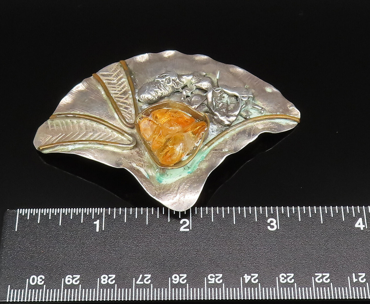 925 Sterling Silver  Vintage Modernist Baltic Amber Shell Brooch Pin  BP9554