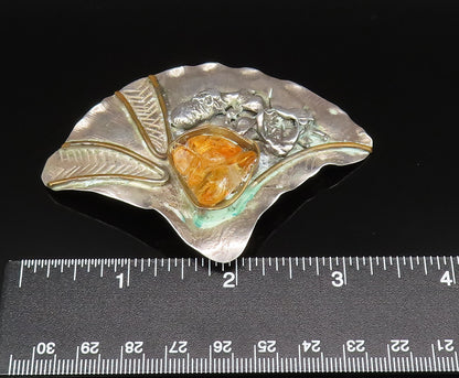 925 Sterling Silver  Vintage Modernist Baltic Amber Shell Brooch Pin  BP9554