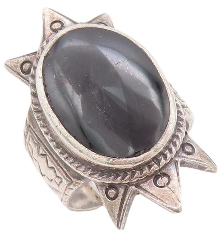 925 Sterling Silver Vintage Ring Solid Sun Carved Oval Onyx Inlay  Sz 6  RG28532