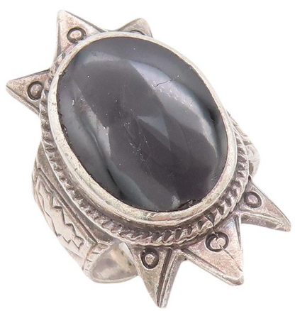 925 Sterling Silver Vintage Ring Solid Sun Carved Oval Onyx Inlay  Sz 6  RG28532