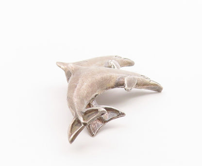 925 Sterling Silver  Vintage Two Leaping Dolphins Animal Brooch Pin  BP6511