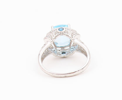 925 Sterling Silver Vintage Ring Elegant Blue Topaz & CZ Band  Sz 10  RG36562