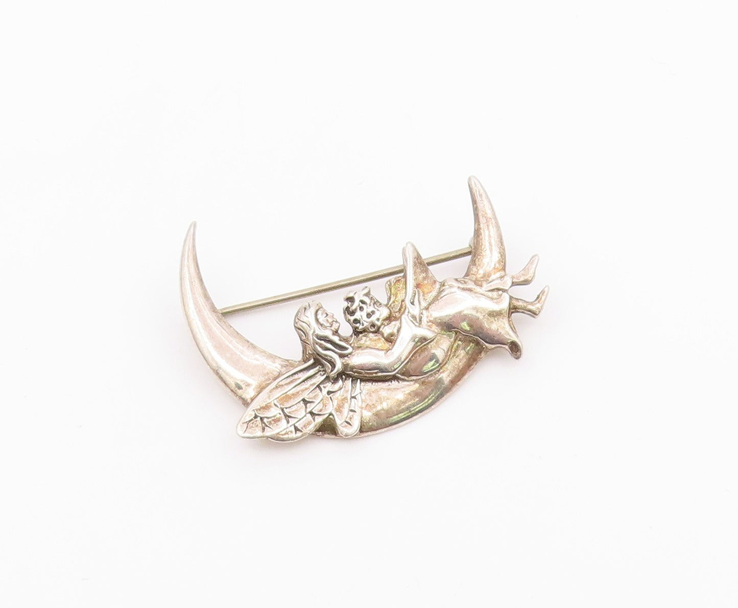 JEZ 925 Silver  Vintage Crescent Moon Fairy Lady Reading Brooch Pin  BP8207