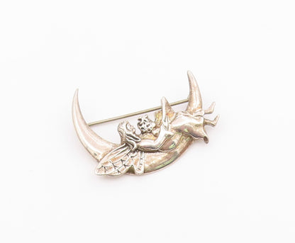 JEZ 925 Silver  Vintage Crescent Moon Fairy Lady Reading Brooch Pin  BP8207