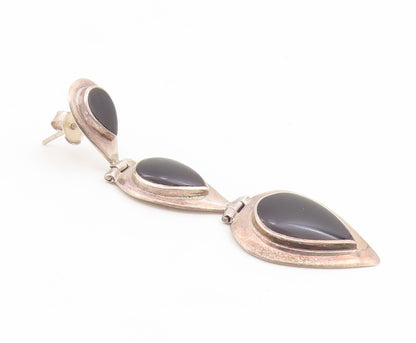925 Sterling Silver Vintage Earrings Cabochon Black Onyx Teardrop Dangle EG14209