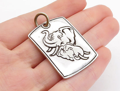 925 Sterling Silver  Vintage Shiny Etched Elephant Square Drop Pendant  PT5734