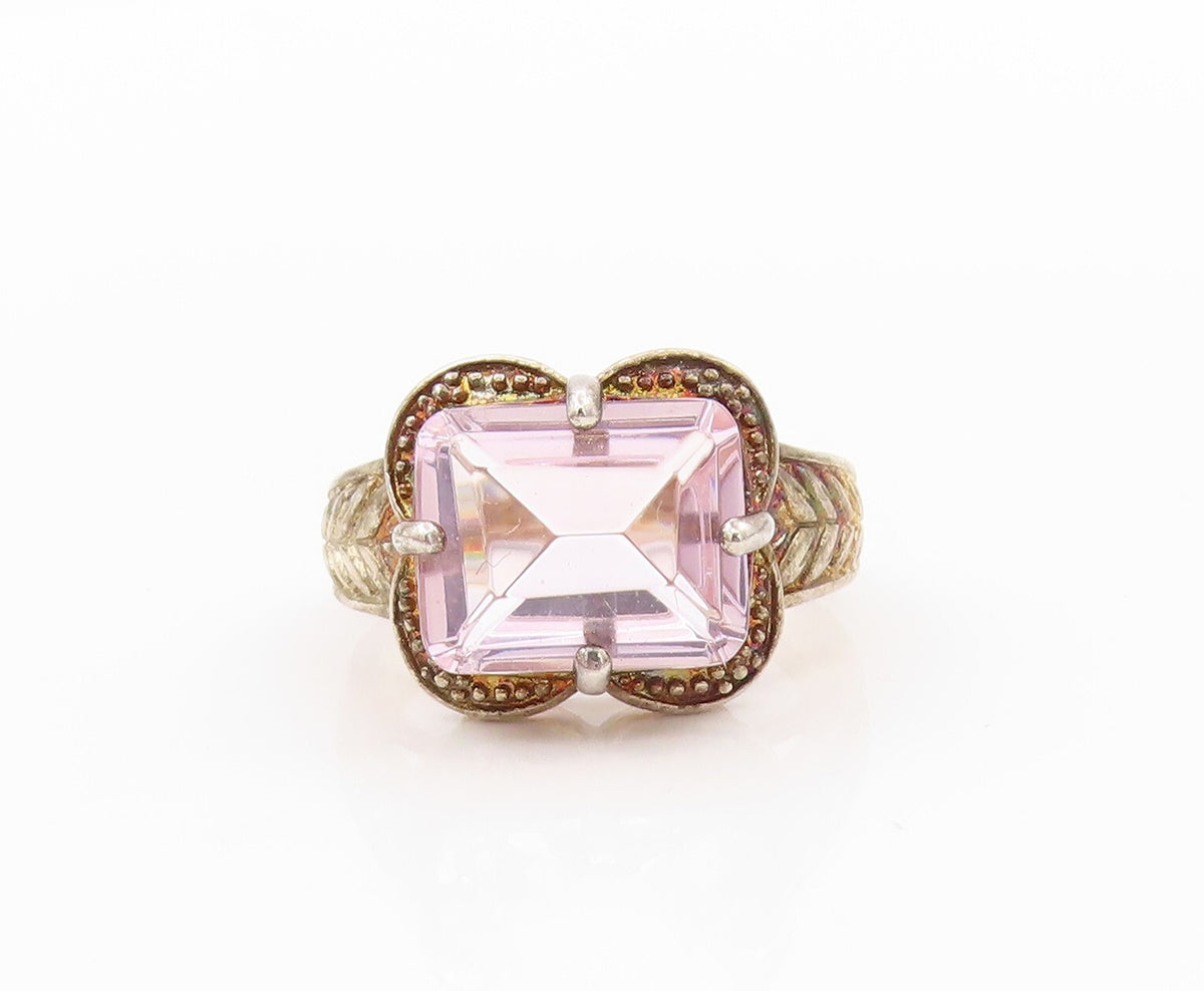 925 Sterling Silver Vintage Ring Carved Rectangle Cut Pink CZ  Sz 7  RG31835