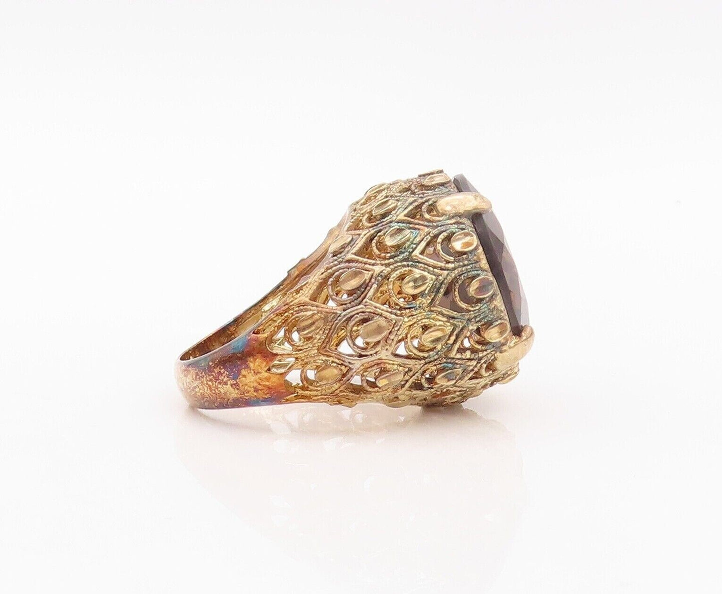 925 Sterling Silver Vintage Ring Gold Plate Carved Smoky Quartz  Sz 7  RG30158
