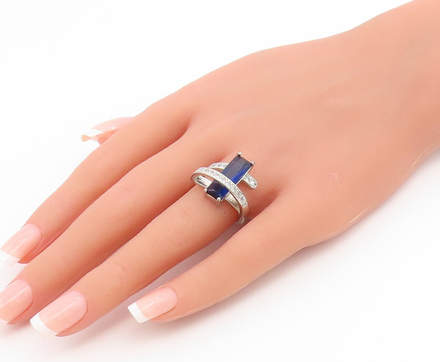 925 Sterling Silver Vintage Ring Modernist Sapphire & CZ Wrap  Sz 7  RG36936