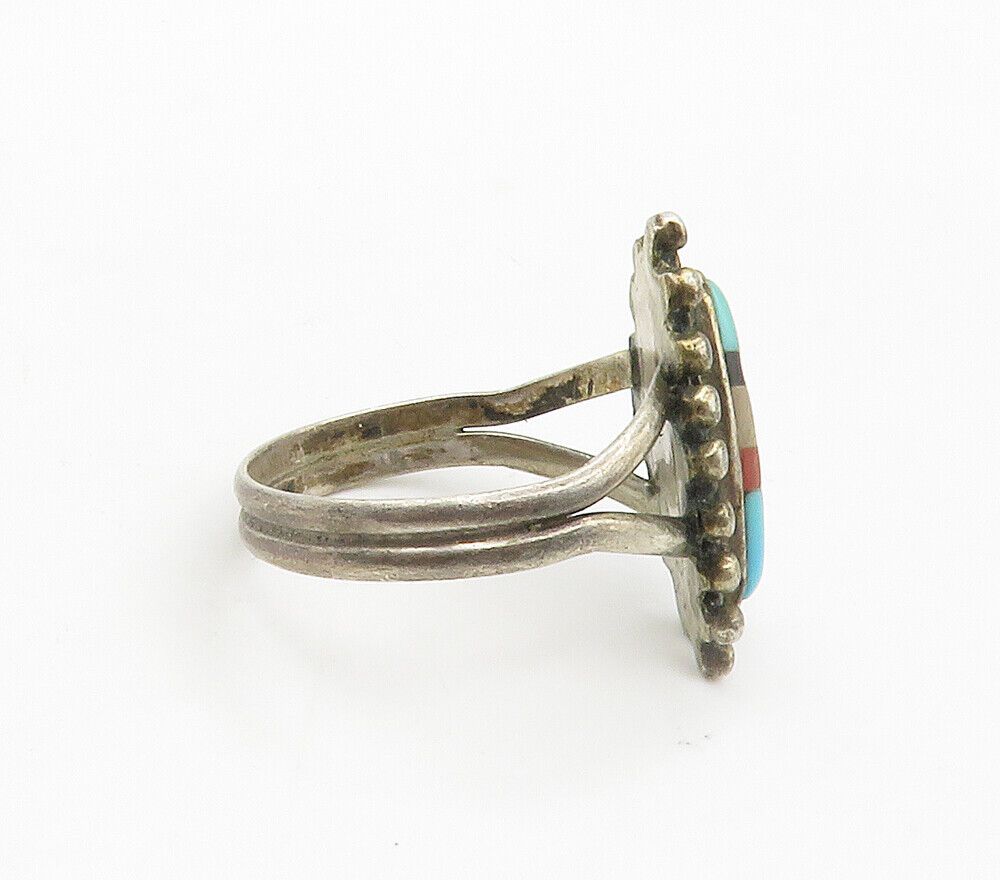 ZUNI 925 Silver  Vintage Turquoise & MultiStone Cocktail Ring Sz 6.5  RG15274